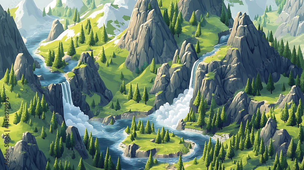 A detailed isometric view of a mountain landscape, with wild and rugged ...