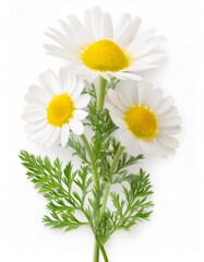 Wall Mural - Matricaria chamomilla, commonly known as german chamomile, features white petals surrounding a vibrant yellow center, isolated on white