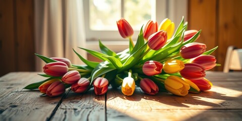 Wall Mural - A Bouquet of Vibrant Tulips in Warm Sunlight, Displayed on a Rustic Wooden Table, Creating a Natural and Intimate Atmosphere