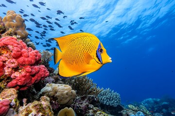 Poster - A saltwater angelfish swimming near vibrant coral, with intricate patterns and radiant colors catching the light
