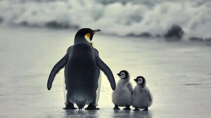 Wall Mural - Emperor penguin watching over two baby chicks on ice