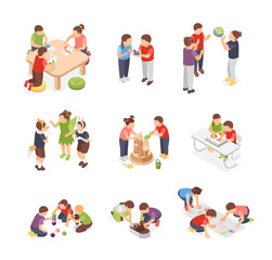 Sticker - Isometric kindergarten activity. Children play together in ball and cubes, wearing animals costumes and drawing. Little kids outdoor activities, flawless vector set