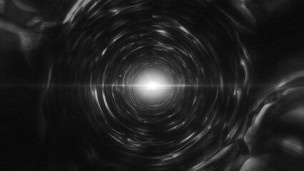 Poster - Monochrome tunnel effect with a bright light at the center, creating a surreal, sci-fi-inspired digital design in black and white background, video in high quality 4k, motion design