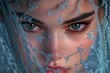 © Thanyarat - A woman face partially covered by a lace veil, her intense gaze piercing through the intricate patterns