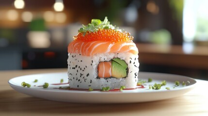 Sticker - a sushi with salmon and avocado on a plate