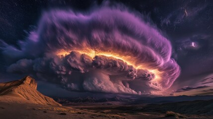 Poster - Ethereal purple smoke curls in the foreground, tilted against a dark sky illuminated by faint streaks of thunder