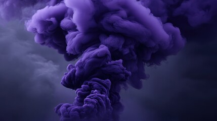 Poster - Ethereal purple smoke curls in the foreground, tilted against a dark sky illuminated by faint streaks of thunder