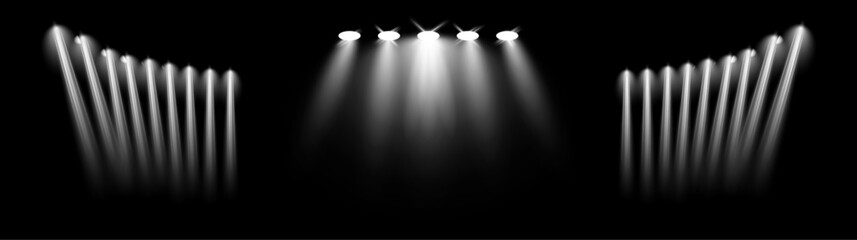 Poster - Football field directional light sources, realistic searchlights. Vector isolated set of illumination for stage or performance area. Illuminated studio and arena lamps for show or presentation