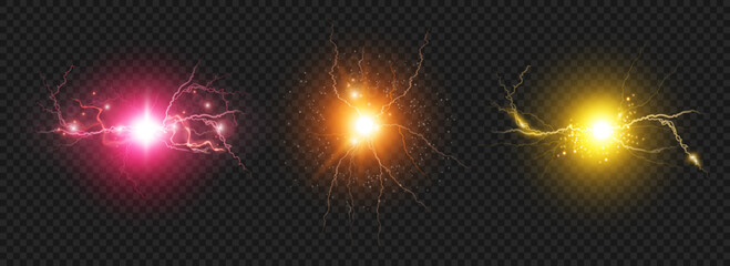 Poster - Plasma balls with thunderbolts and sparks of energy and discharge. Vector isolated set of realistic round lightning charged with high voltage and power. Magic strikes and blast or burst