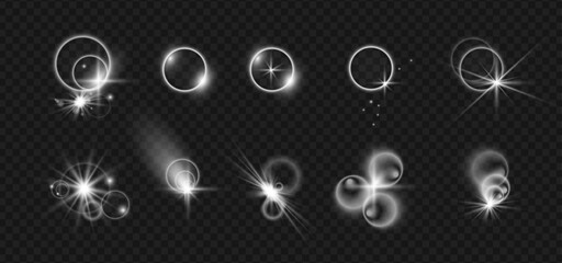 Poster - Shimmering or twinkles, isolated set of realistic camera lens flare effects. Vector bright beams with circles and trails, sunshine rays, glowing spotlight. Bright decoration for typography