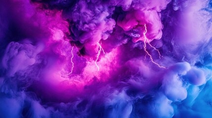 Poster - Swirling clouds of vivid purple smoke merge with flashes of lightning, creating a surreal tilted composition