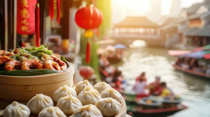 A cultural Dragon Boat Festival scene with dragon boats and festive banners against a scenic riverbank backdrop, macro shot, Minimalist style