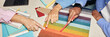 © Seventyfour - Website header shot of diverse team of designers choosing fabric among various color samples on tabletop while working together on new project in office, copy space