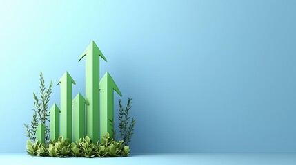 Poster - Green arrows represent growth and progress against a blue background with foliage. signifying progress and success.