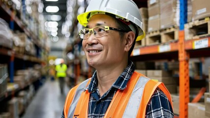Aufkleber - Warehouse Worker's Smile: A portrait of a smiling warehouse worker, his face radiating positivity and dedication, surrounded by towering shelves and boxes.