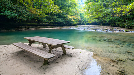Poster - A serene riverside scene featuring a wooden picnic table surrounded by lush greenery and calm waters, perfect for relaxation and nature lovers