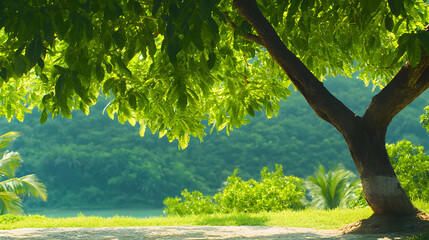 Poster - A serene landscape featuring lush green trees beside a tranquil body of water, surrounded by dense foliage and vibrant nature