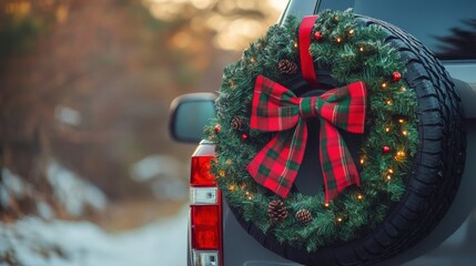 Wall Mural - a decorated christmas wreath on the back of a car