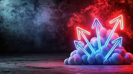 Poster - Colorful neon arrows emerge from clouds against a smoky background, symbolizing growth and direction. signifying progress and success.