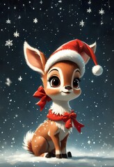 Wall Mural - A cute cartoon fawn wearing a Santa hat and red scarf sits in the snow. Falling snowflakes and a dark night sky create a magical Christmas atmosphere