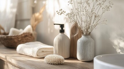 Wall Mural - a bathroom counter with a lot of bottles and a brush