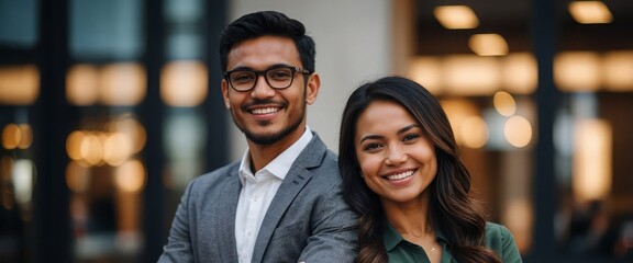 Wall Mural - Portrait of happy multi ethnic business couple posing with arms crossed