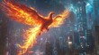 © FairValue Stock - A legendary phoenix-like creature with radiant fire trailing from its wings, ascending over a modern cityscape