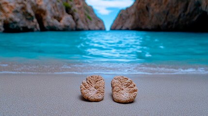 Wall Mural - Footprints in Paradise: Tranquil beach scene with a pair of footprints etched into the sand, leading towards a breathtaking vista of turquoise waters, majestic cliffs.