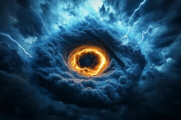 A haunting image of a giant eye hidden in a dark storm, with lightning briefly illuminating its ominous presence