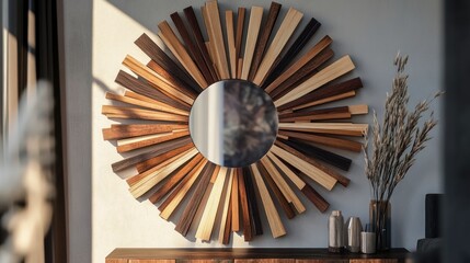 Wall Mural - Sunburst wooden mirror on wall.