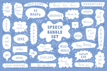 Aufkleber - Cute text balloon. Hand drawn talk frame, line cloud conversation. Simple comic title elements, speak arrow. Stickers communication, funny phrases. Comment for notebook. Vector isolated icons