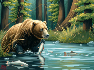 Canvas Print - A bear is fishing in a river with a fish in its mouth. The scene is peaceful and serene, with the bear enjoying its meal in the natural setting