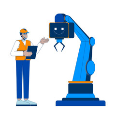 Poster - ai technology in manufacturing industry cartoon flat illustration. robotic artificial intelligence. 