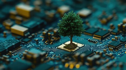 Poster - a conceptual fusion of nature and technology featuring a tree growing from a microchip on an abstrac