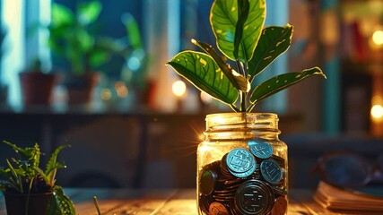 Poster - Growing Your Wealth: A vibrant plant sprouts from a mason jar filled with coins, symbolizing financial growth and prosperity. The warm lighting and cozy atmosphere evoke a sense of home and security.