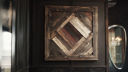 Wall Mural - Rustic wooden wall art with geometric pattern.