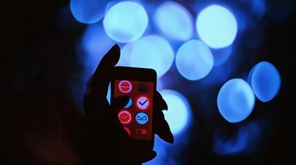 Poster - Silhouette hand holding phone with app icons, blue bokeh background.