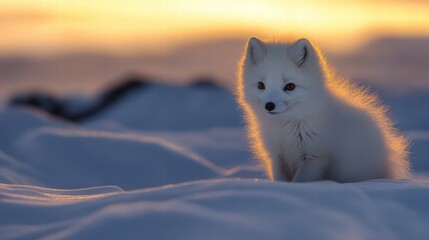 Wall Mural - Adorable arctic fox cub sitting in the snowy landscape at sunset