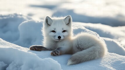 Wall Mural - Adorable arctic fox cub relaxing on snowy landscape