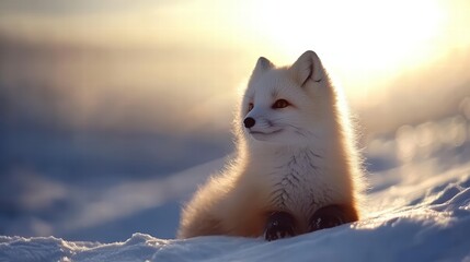 Wall Mural - Arctic fox relaxing on snow at sunset