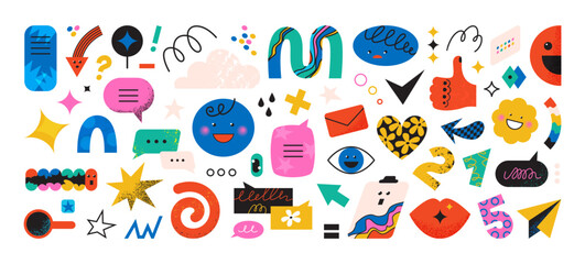 Aufkleber - Doodle shapes. Abstract creative figures like star, geometric circle and curve childish communication icons. Happy smile emoji. Spiral lines. Message bubbles. Vector graphic elements set