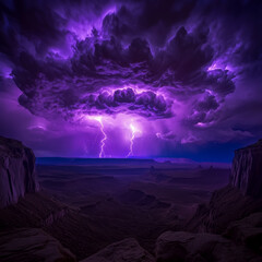 a large, purple thundercloud with lightning in the center of it, lighting up the night sky over an o