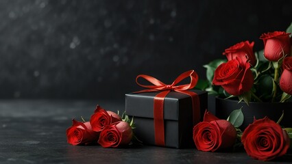 Wall Mural - red rose and gift box on black