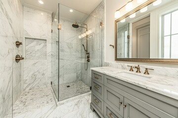 Wall Mural - Large Shower in Elegant Remodeled Bathroom with Gray Vanity and Marble Tiles