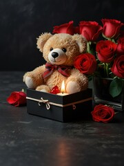 Wall Mural - teddy bear with roses and heart