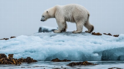 Wall Mural - polar bear walking on melting ice floe in arctic ocean