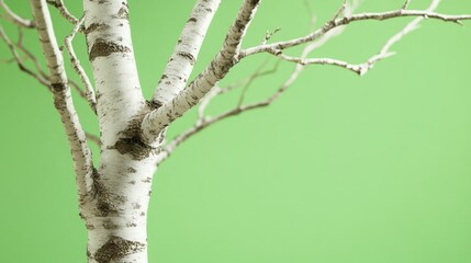 Birch Tree Branches Against Vibrant Green Backdrop in Studio Setting