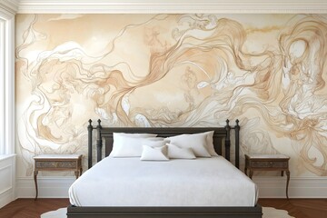 Wall Mural - Bedroom interior, wooden bed, bedside tables against abstract wallpaper.