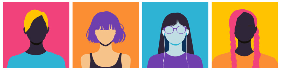 Wall Mural - Faceless young woman portrait posters set. Front view. Asian African Europian with airpods glasses. Variouse hairstyles short long plaits. Youngsters fashion. Bright colors. Minimalist style vector