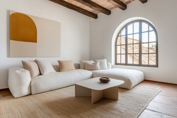 Wall Mural - mediterranean-inspired living space, room with big windows, terrazo floors, and colorful pottery evoke the mediterranean in this eclectic living space